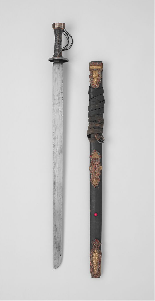 Sword and Scabbard, Iron, copper alloy, wood, ray skin, leather, turquoise, coral, glass, Eastern Tibetan 