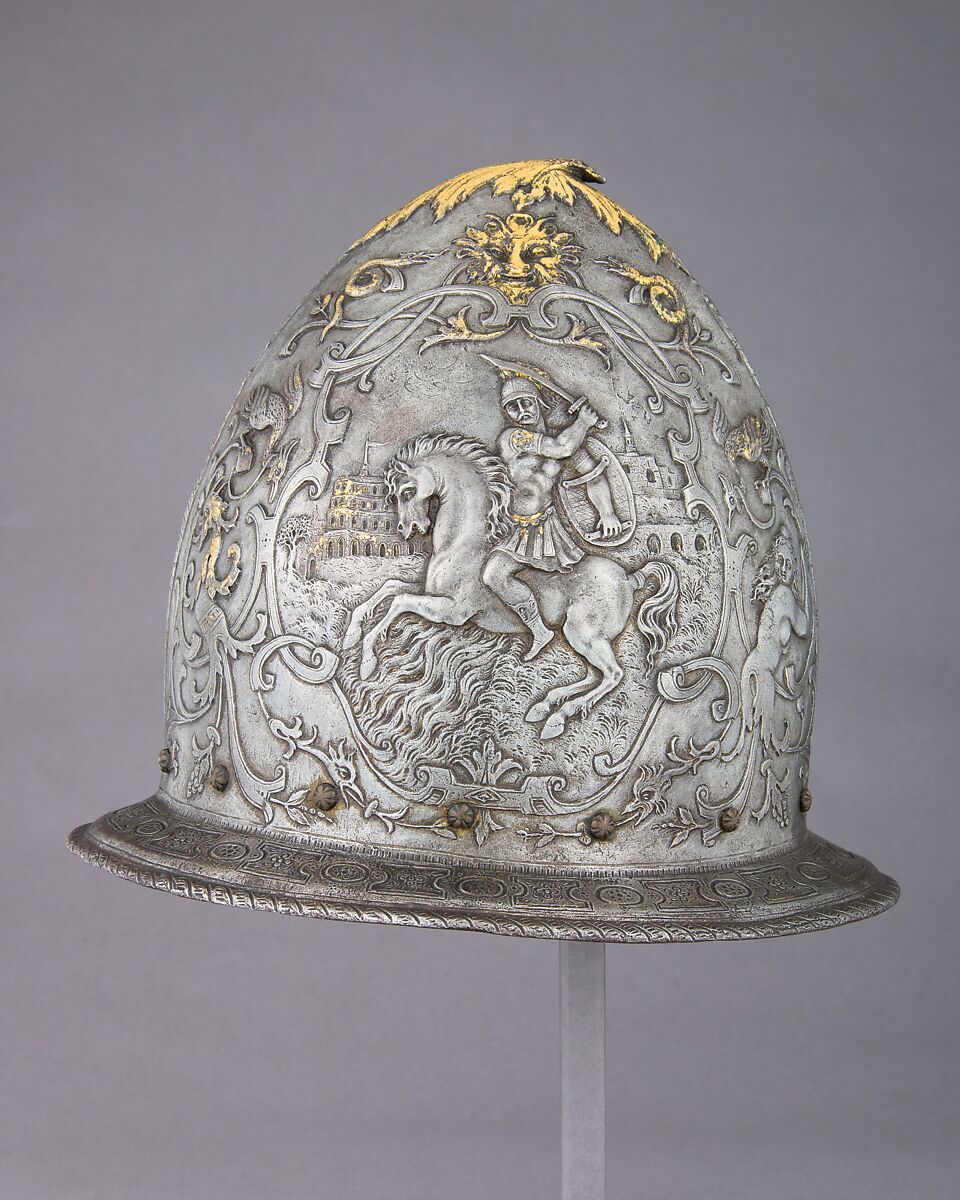 Cabasset in Late 16th Century French Style, Steel, gold, leather, French 
