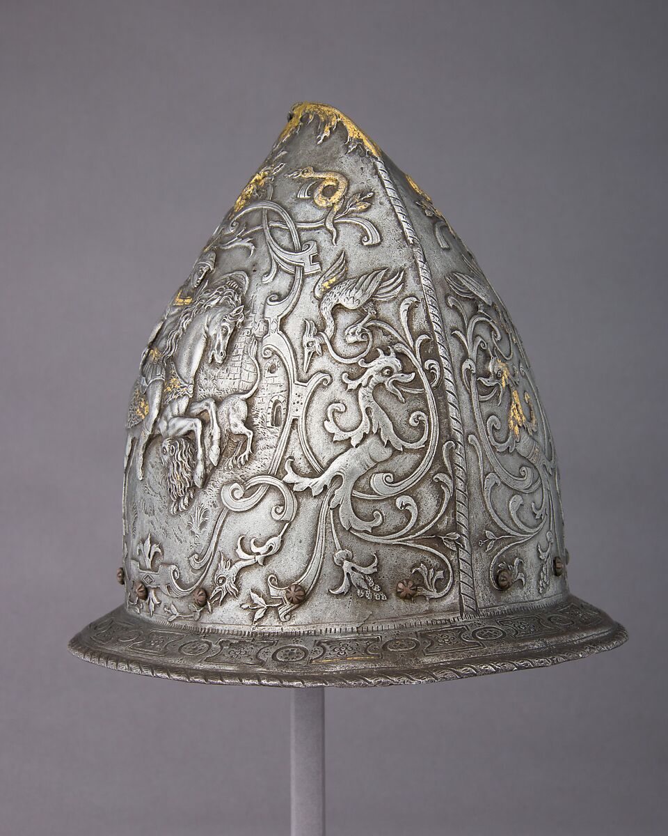 Cabasset in Late 16th Century French Style, Steel, gold, leather, French