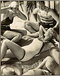 [Studio (?) Beach Scene Advertisement (?); 3 Woman and Man in Bathing Suits, Posed Reclining or Sitting on Sand]