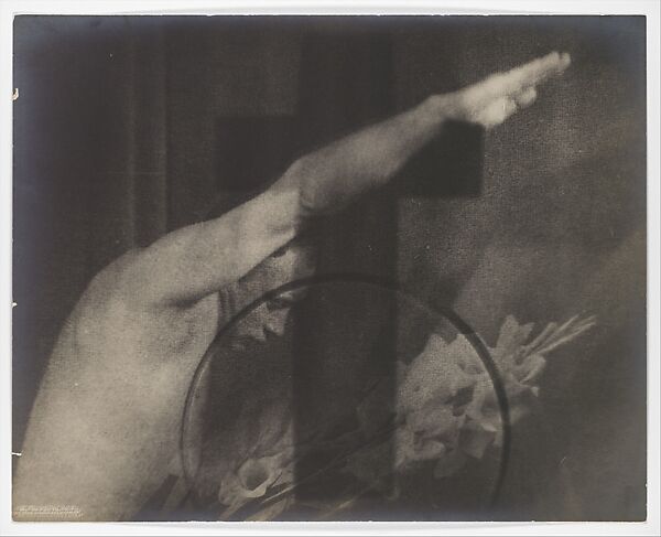 [Shirtless Man with Arm Raised in Fascist Salute with Superimposed Cross, Circle, and Spray of Flowers], Mario Castagneri (Italian, 1892–1940), Gelatin silver print 