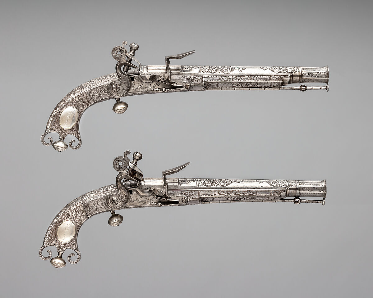 Pair of Flintlock Pistols, Alexander Campbell (Scottish, Doune, died 1790), Steel, silver, Scottish, Doune 