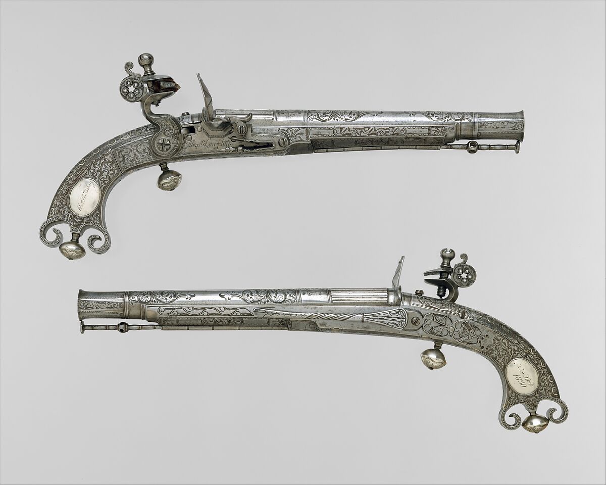 Pair of Flintlock Pistols, Alexander Campbell (Scottish, Doune, died 1790), Steel, silver, Scottish, Doune