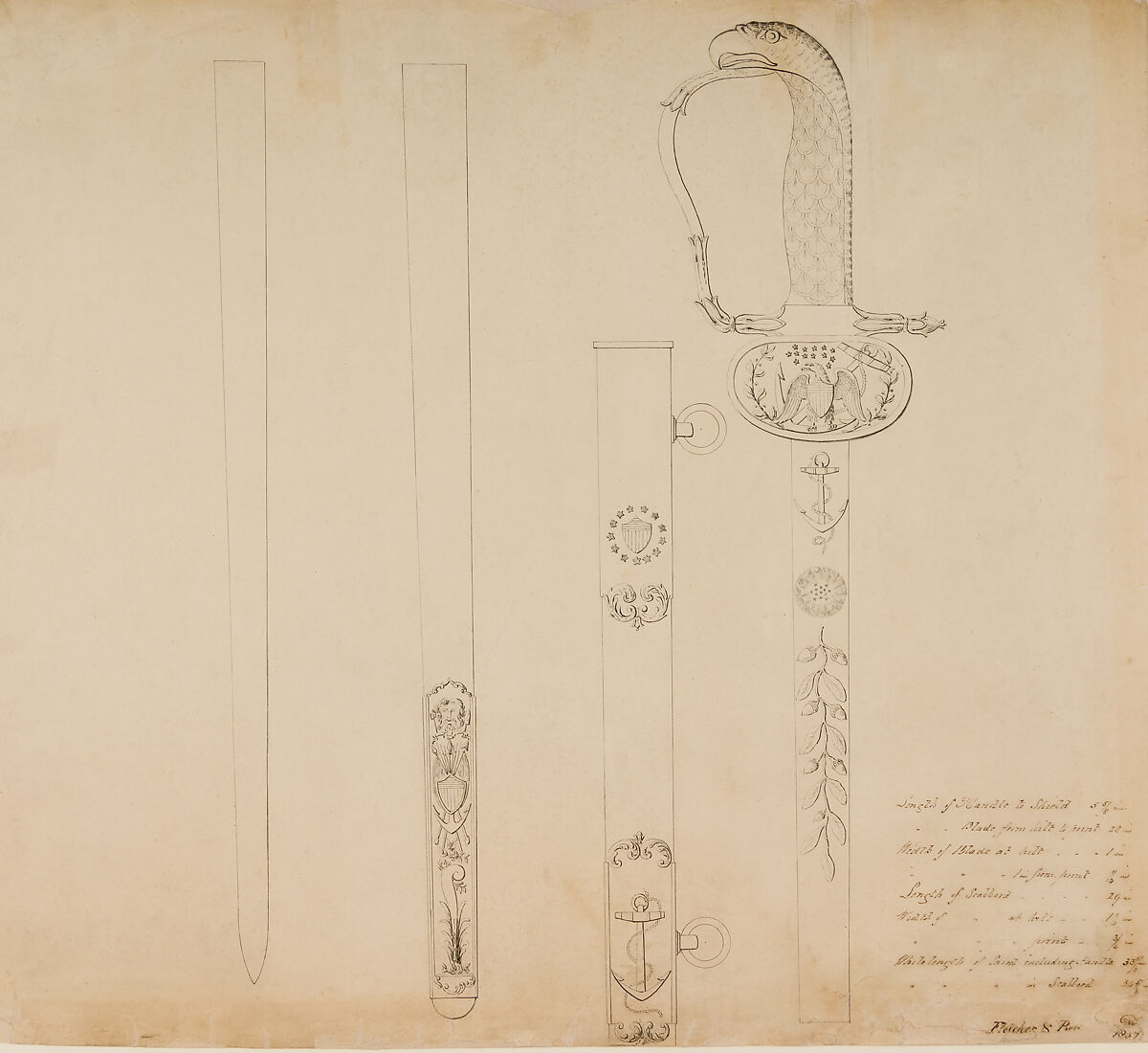 Design for an Officer's Sword, Thomas Fletcher (American, Alstead, New Hampshire 1787–1866 New Jersey), Ink, wash, paper, American, Boston or Philadelphia 