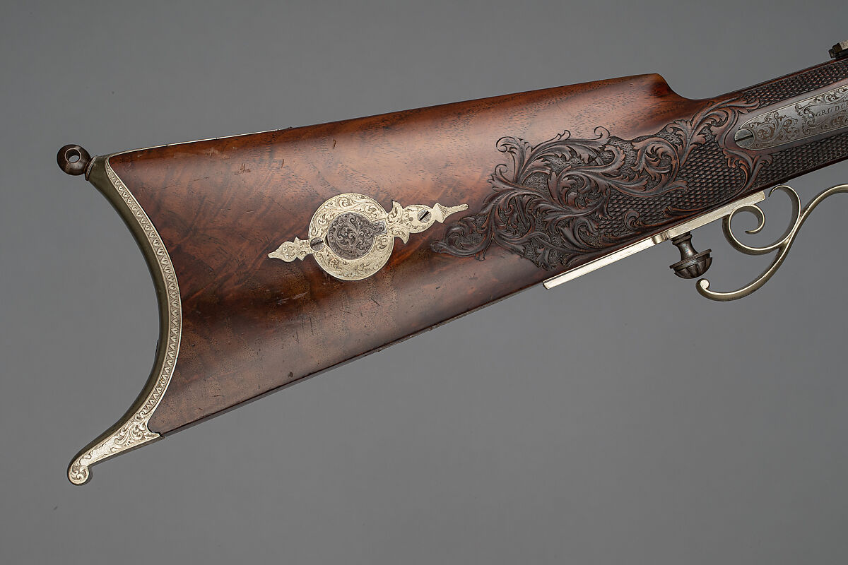 Percussion Target Rifle, Julius Grudchos (American, active ca. 1856–1860), Wood (walnut), steel, silver, gold, baleen, ivory, American, New Bedford, Massachusetts
