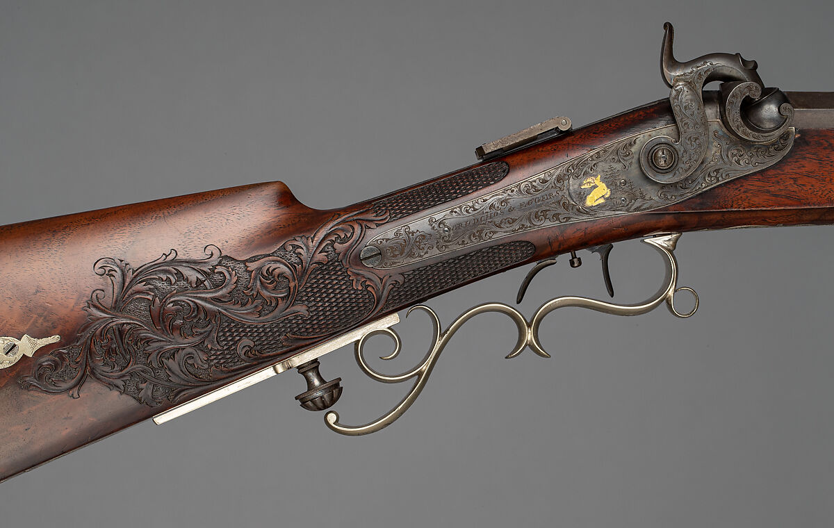 Percussion Target Rifle, Julius Grudchos (American, active ca. 1856–1860), Wood (walnut), steel, silver, gold, baleen, ivory, American, New Bedford, Massachusetts