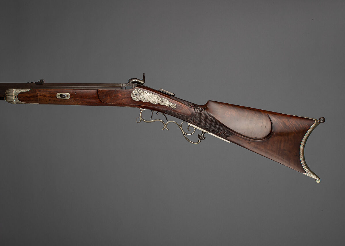 Percussion Target Rifle, Julius Grudchos (American, active ca. 1856–1860), Wood (walnut), steel, silver, gold, baleen, ivory, American, New Bedford, Massachusetts