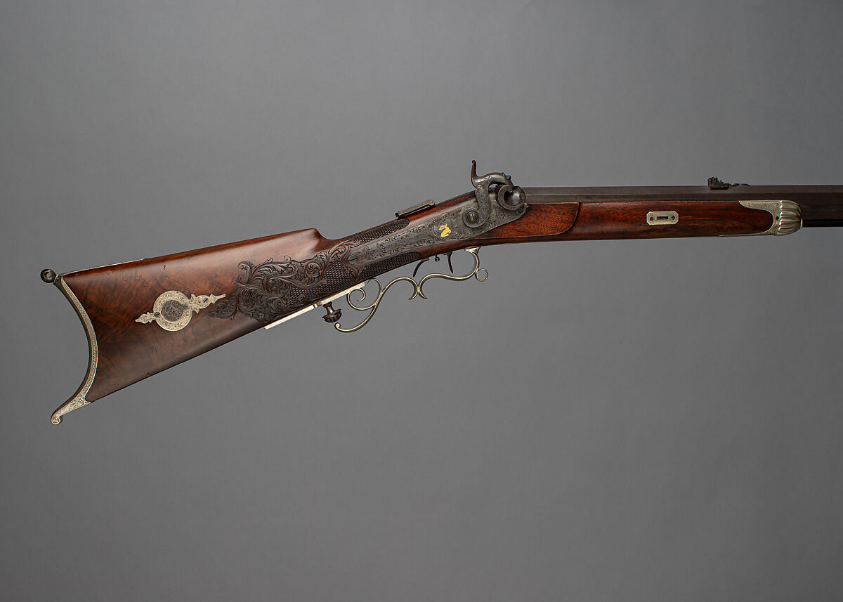 Percussion Target Rifle, Julius Grudchos (American, active ca. 1856–1860), Wood (walnut), steel, silver, gold, baleen, ivory, American, New Bedford, Massachusetts
