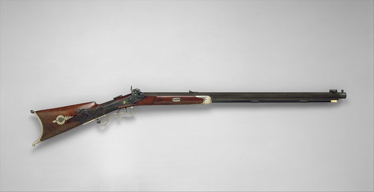 Percussion Target Rifle, Julius Grudchos (American, active ca. 1856–1860), Wood (walnut), steel, silver, gold, baleen, ivory, American, New Bedford, Massachusetts 