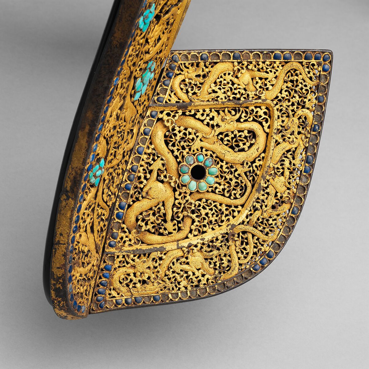 Set of Saddle Plates, Iron, gold, lapis lazuli, turquoise, Tibetan or Chinese