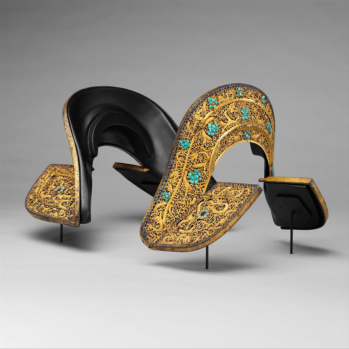 Set of Saddle Plates, Iron, gold, lapis lazuli, turquoise, Tibetan or Chinese