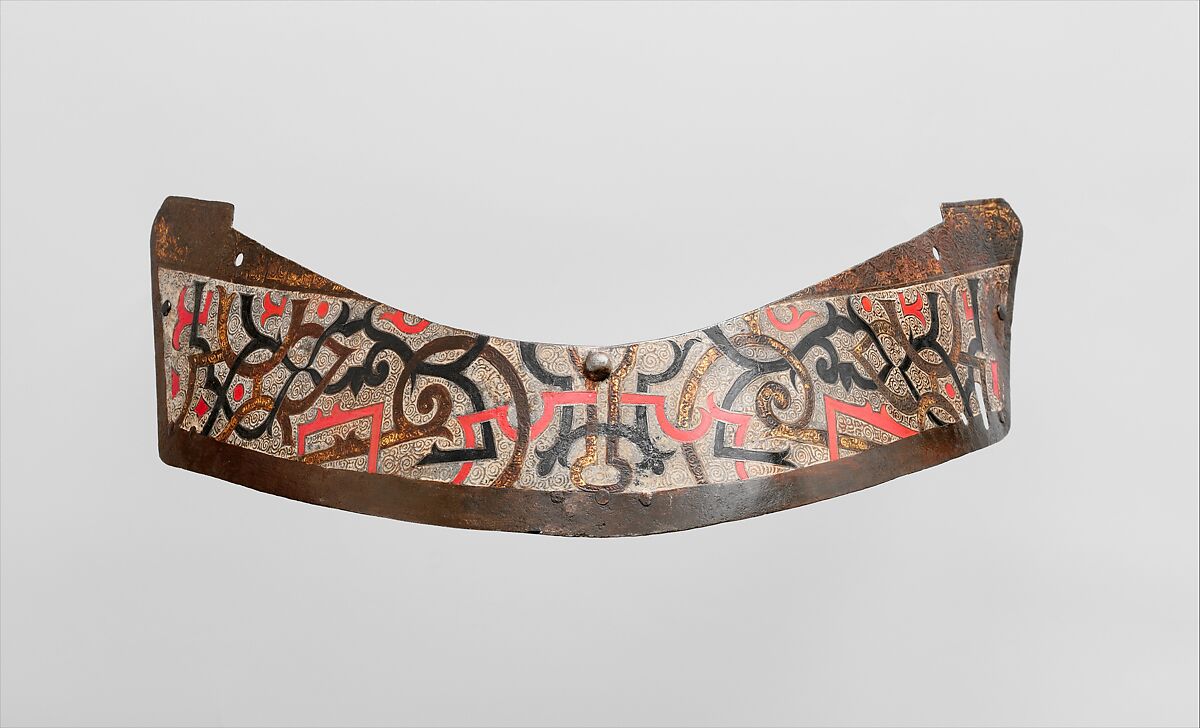 Crinet Plate Belonging to an Armor for Field and Tournament Made for Duke Nikolaus "The Black" Radziwill (1515–1565), Duke of Nesvizh and Olyka, Prince of the Empire, Grand Chancellor and Marshal of Lithuania, Kunz Lochner (German, Nuremberg, 1510–1567), Steel, brass, gold, paint, German, Nuremberg 