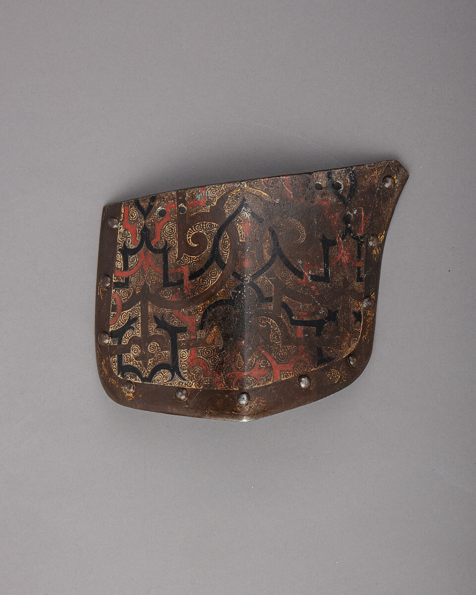 Pair of Tassets (Thigh Defenses) Belonging to an Armor for Field and Tournament Made for Duke Nikolaus "The Black" Radziwill (1515–1565), Duke of Nesvizh and Olyka, Prince of the Empire, Grand Chancellor and Marshal of Lithuania, Kunz Lochner (German, Nuremberg, 1510–1567), Steel, gold, paint, German, Nuremberg