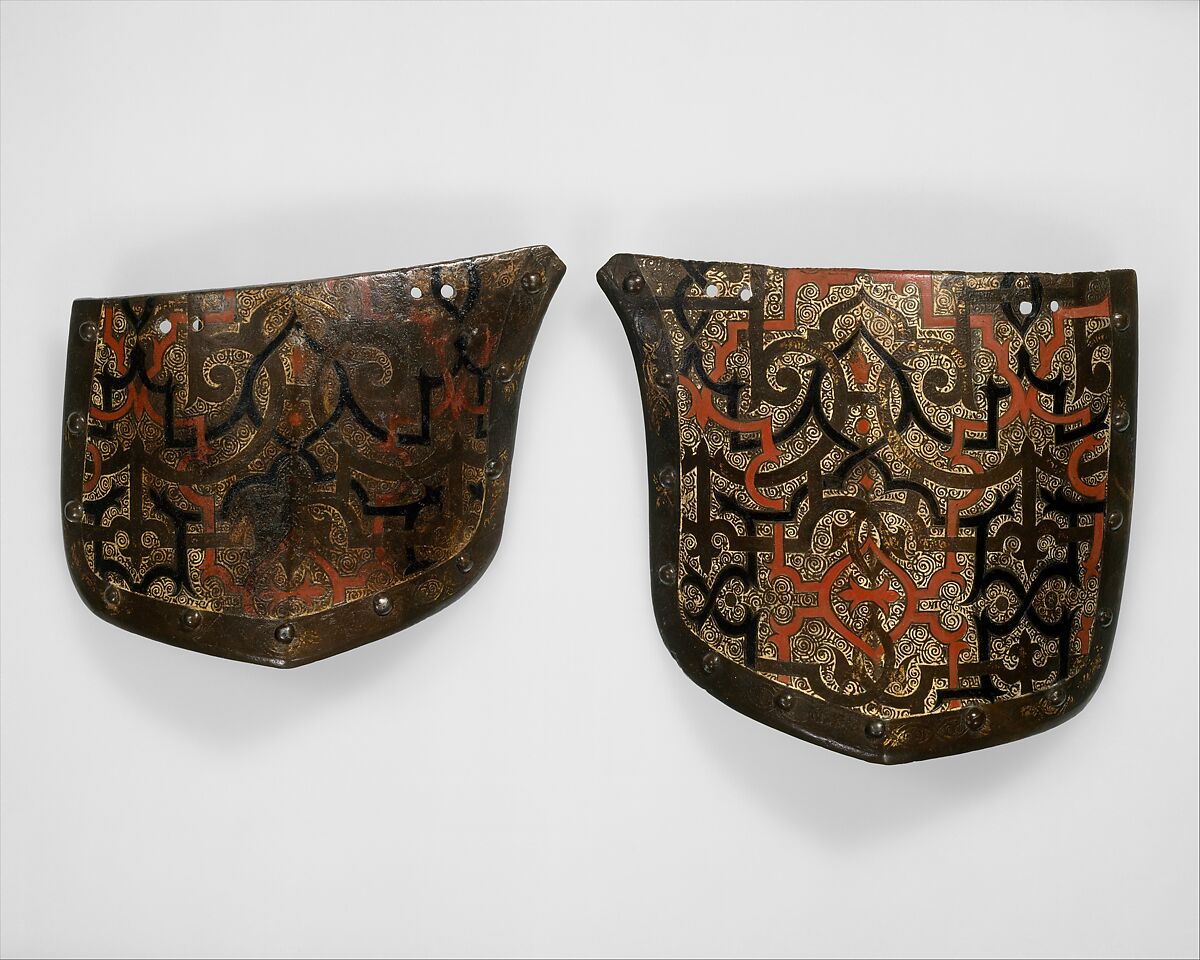 Pair of Tassets (Thigh Defenses) Belonging to an Armor for Field and Tournament Made for Duke Nikolaus "The Black" Radziwill (1515–1565), Duke of Nesvizh and Olyka, Prince of the Empire, Grand Chancellor and Marshal of Lithuania, Kunz Lochner (German, Nuremberg, 1510–1567), Steel, gold, paint, German, Nuremberg 