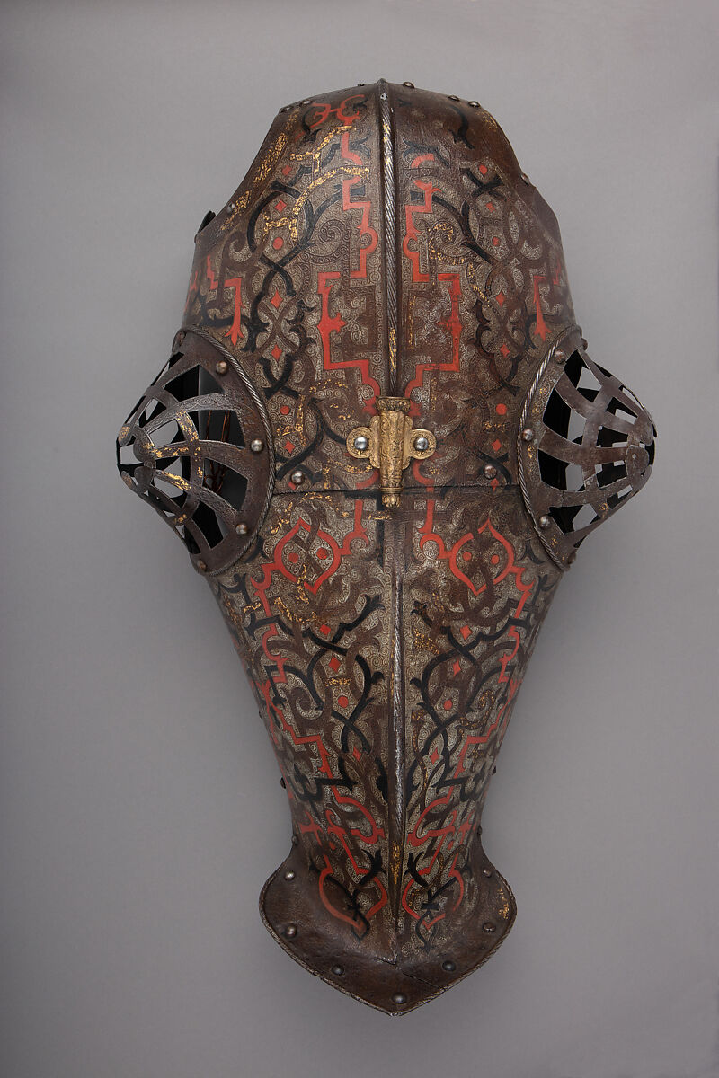 Shaffron (Horse's Head Defense) Belonging to an Armor for Field and Tournament Made for Duke Nikolaus "The Black" Radziwill (1515–1565), Duke of Nesvizh and Olyka, Prince of the Empire, Grand Chancellor and Marshal of Lithuania, Kunz Lochner (German, Nuremberg, 1510–1567), Steel, brass, gold, paint, German, Nuremberg