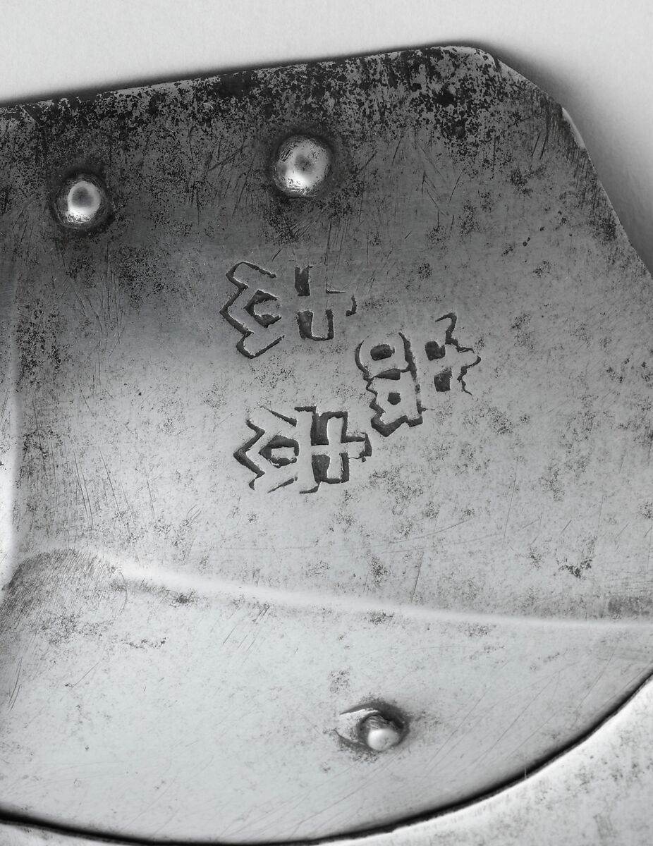 Composed Armor for Man and Horse, Left reinforcing elbow stamped with marks belonging to the Missaglia workshop (Italian, Milan, recorded 1430–1529), Steel, brass, leather, textile (velvet, wool), iron, European, Italy, Spain, Flanders and England