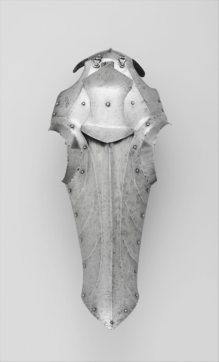 Composed Armor for Man and Horse, Left reinforcing elbow stamped with marks belonging to the Missaglia workshop (Italian, Milan, recorded 1430–1529), Steel, brass, leather, textile (velvet, wool), iron, European, Italy, Spain, Flanders and England 