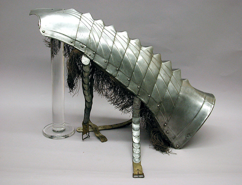 Composed Armor for Man and Horse, Left reinforcing elbow stamped with marks belonging to the Missaglia workshop (Italian, Milan, recorded 1430–1529), Steel, brass, leather, textile (velvet, wool), iron, European, Italy, Spain, Flanders and England