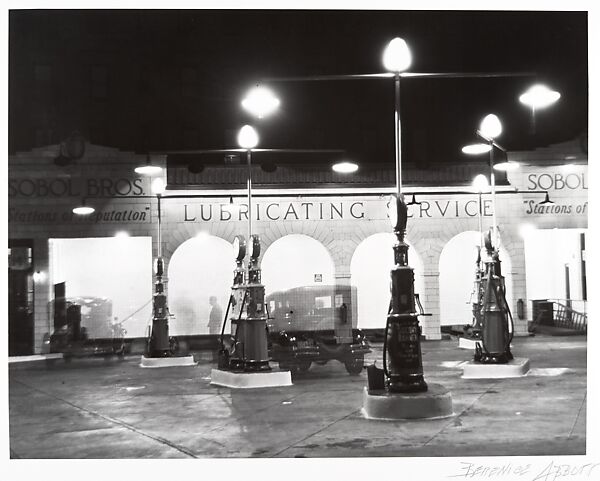 [Sobol Brothers Gasoline Station at Night], Berenice Abbott (American, Springfield, Ohio 1898–1991 Monson, Maine), Gelatin silver print 