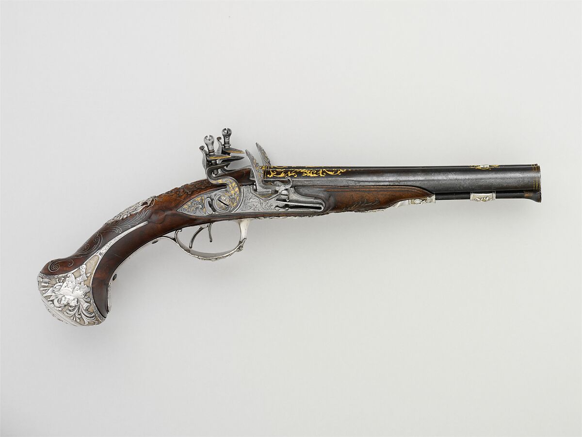 Pair of Double-Barreled Flintlock Pistols, François-Alexander Chasteau (French, Paris, recorded 1741–84), Steel, silver, gold, wood (walnut), whalebone, French, Paris 