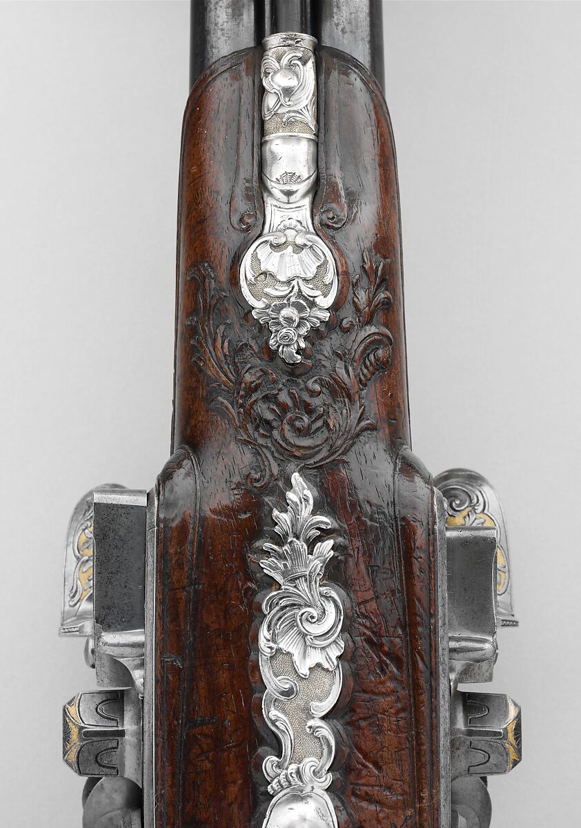 Pair of Double-Barreled Flintlock Pistols, François-Alexander Chasteau (French, Paris, recorded 1741–84), Steel, silver, gold, wood (walnut), whalebone, French, Paris