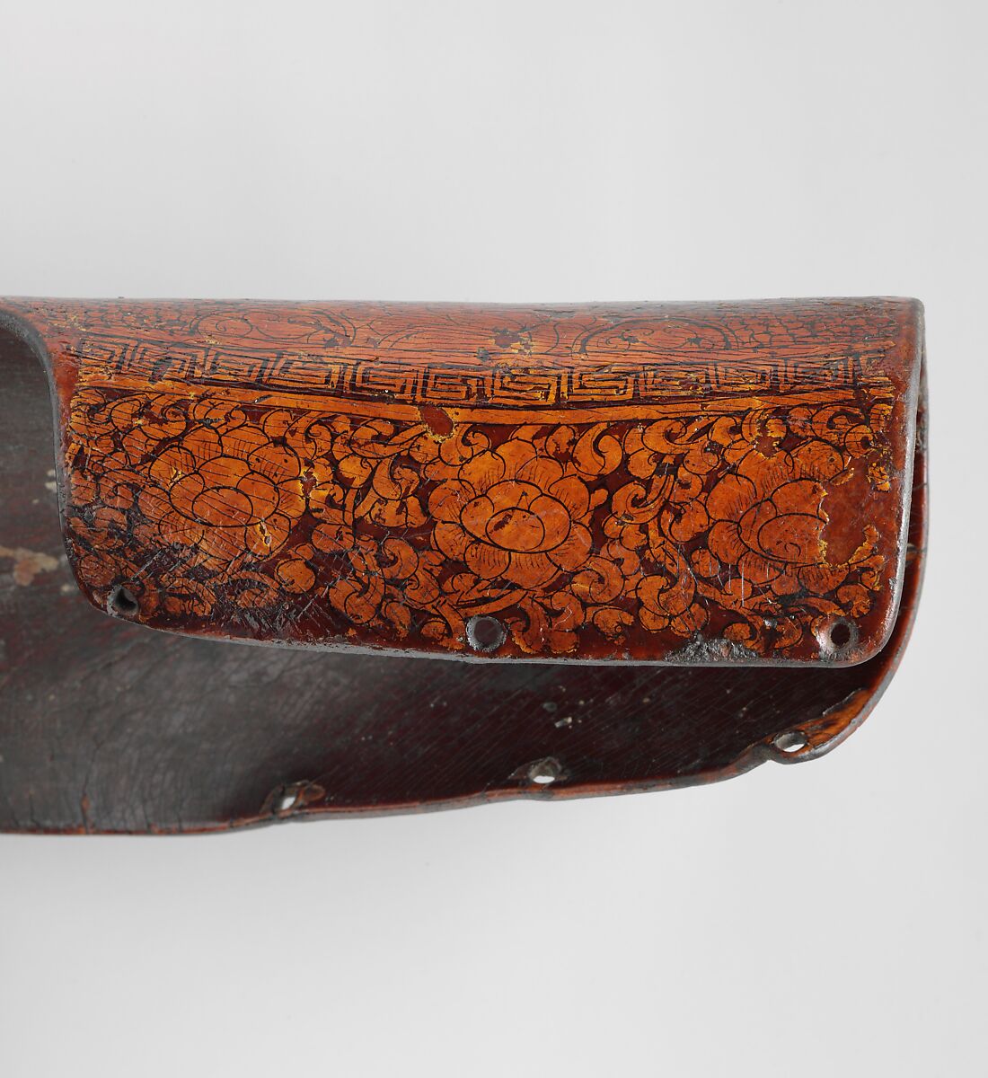 Three Forearm Guards for the Left Arm, Leather, shellac, gold, pigments, Tibetan or Mongolian