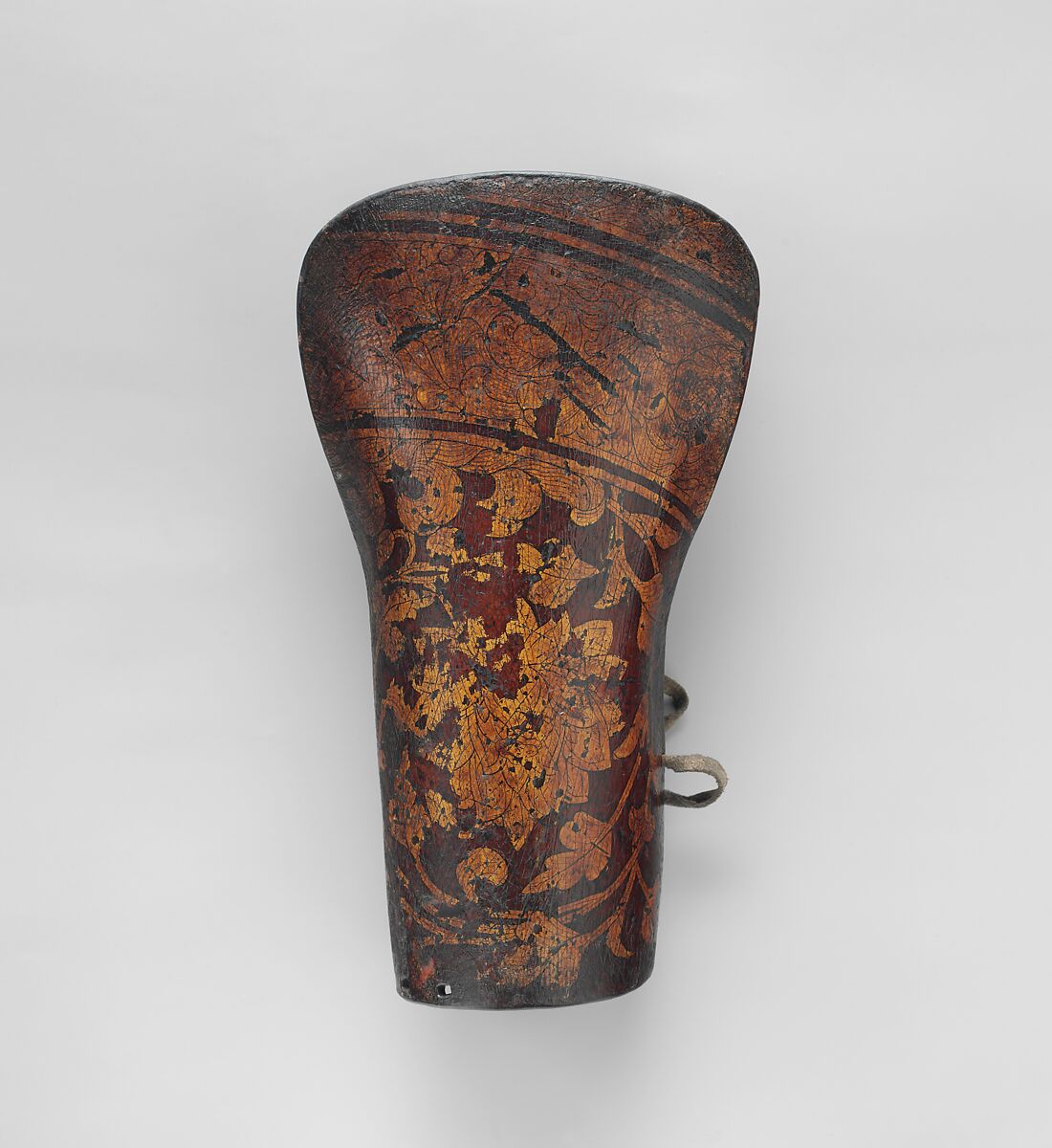 Three Forearm Guards for the Left Arm, Leather, shellac, gold, pigments, Tibetan or Mongolian