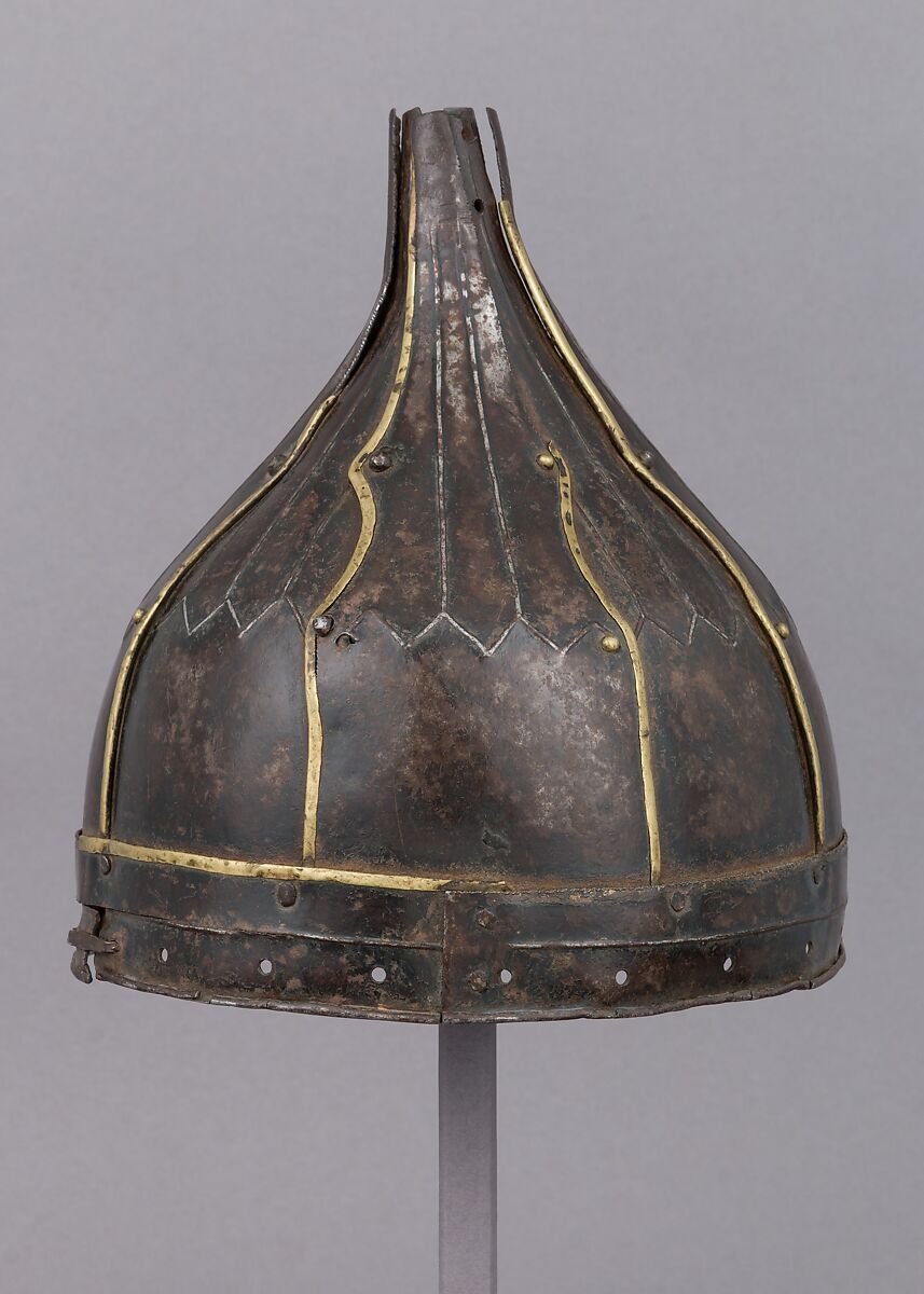 Helmet, Iron, brass or copper alloy, possibly Iranian or Central Asian
