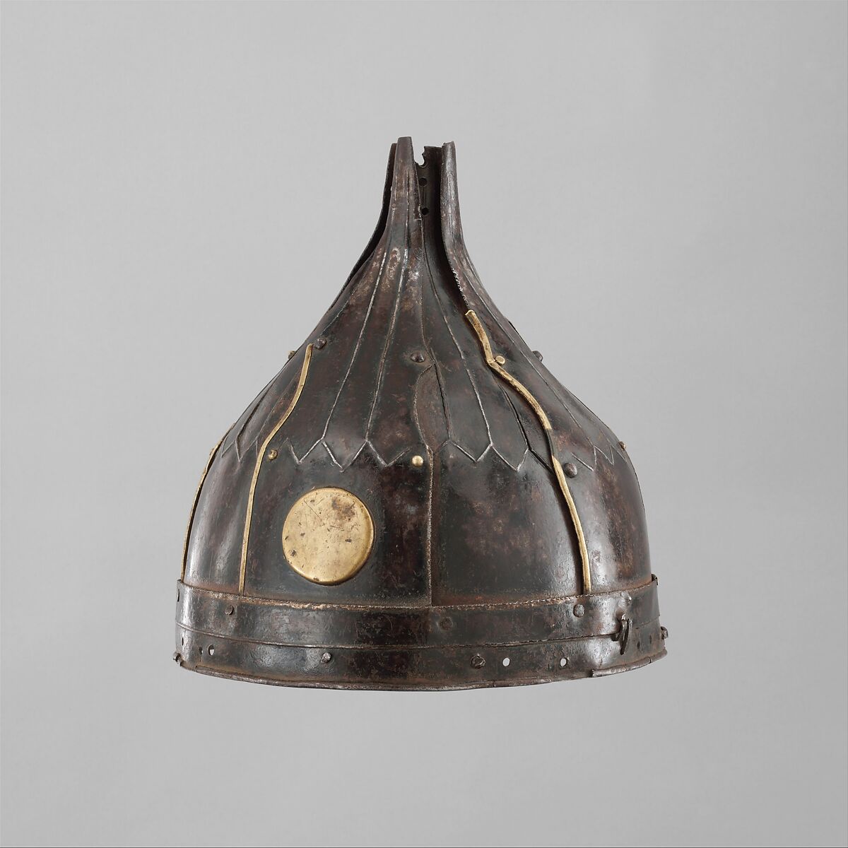 Helmet, Iron, brass or copper alloy, possibly Iranian or Central Asian 