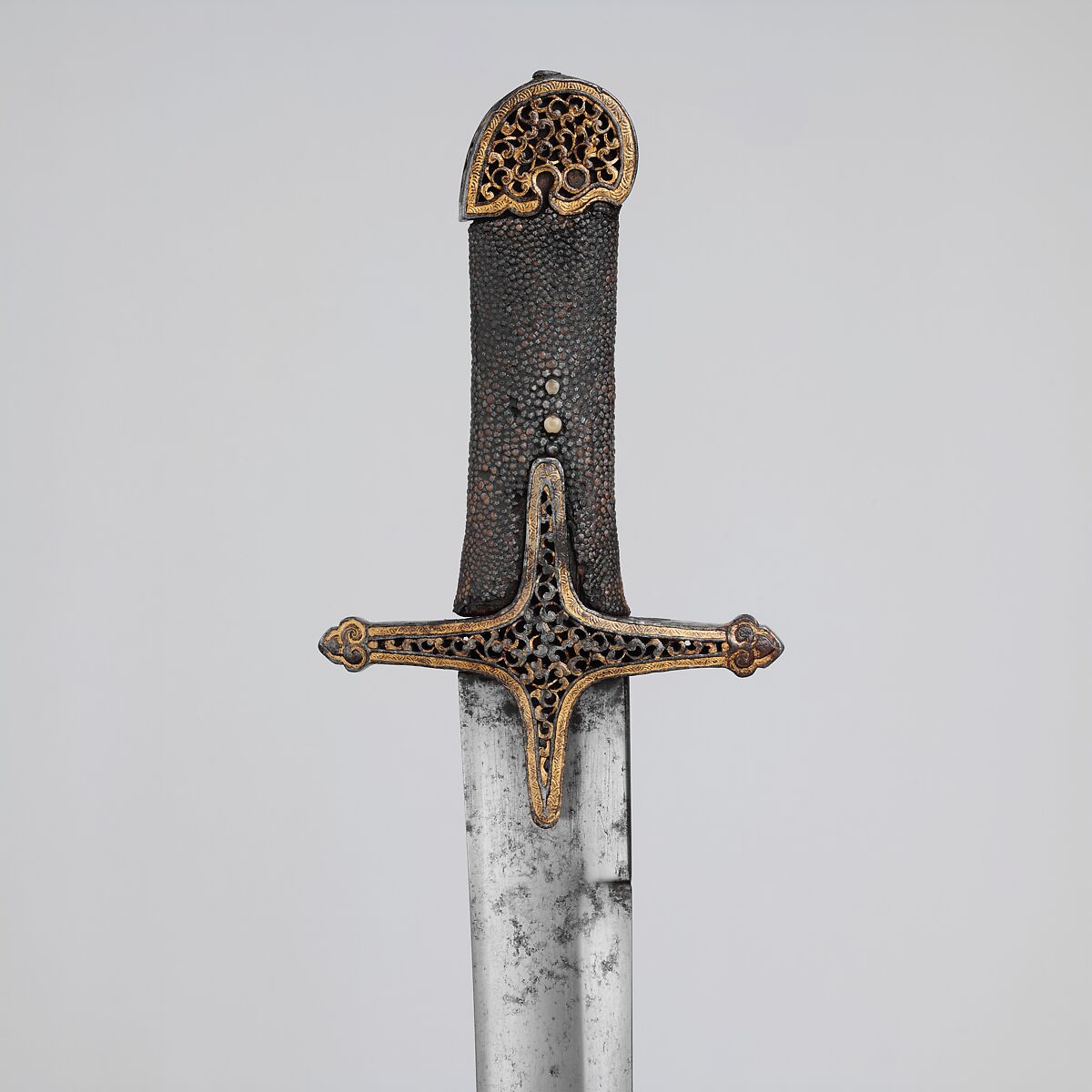 Curved Sword and Matching Scabbard Mounts, Steel, iron, gold, wood, ray skin, hilt and scabbard mounts, Tibetan; blade, Indian