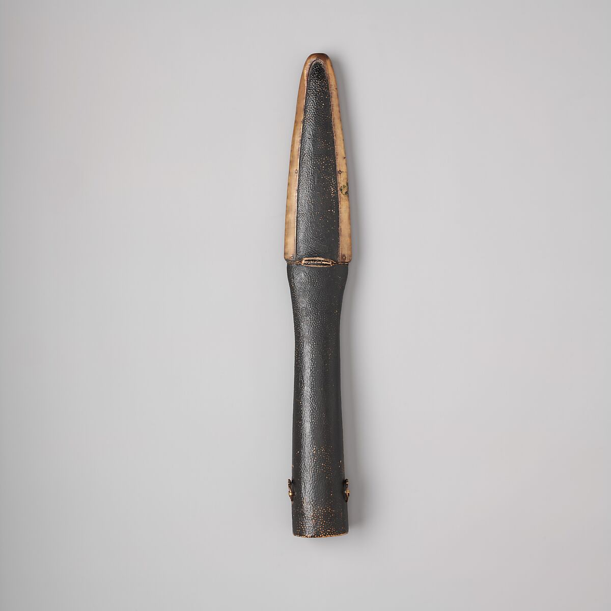 Spearhead and Storage Case (清  矛頭), Steel, gold, leather, copper, possibly cork, wood, spearhead, Chinese or Mongolian; case, Tibetan