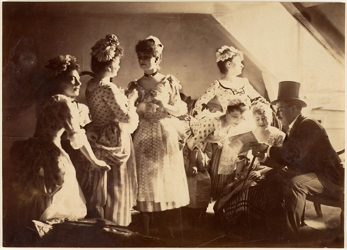 [A Group of Six Costumed Women Posed in Interior with Top Hatted Gentlemen], Unknown (French), Albumen silver print from glass negative 