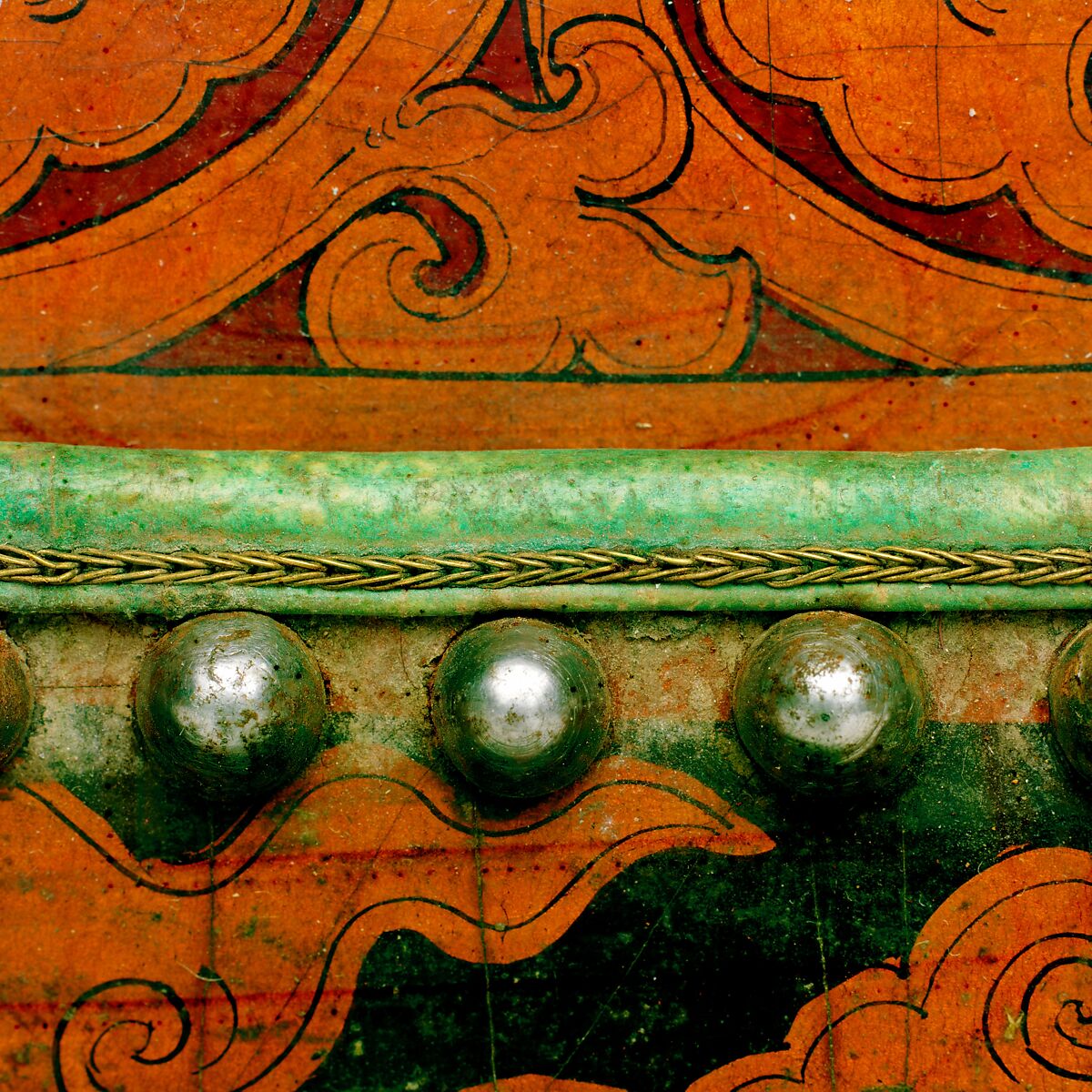 Breast Defense (Peytral) from a Horse Armor, Leather, iron, brass or copper alloy, silver, gold, shellac, pigments, textile, hair (yak), Tibetan or Mongolian