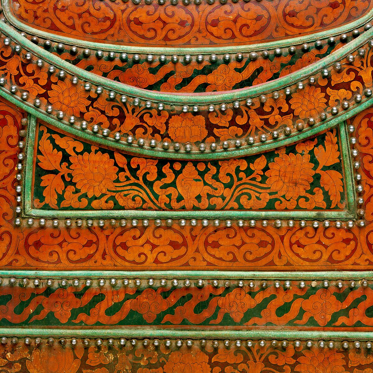 Breast Defense (Peytral) from a Horse Armor, Leather, iron, brass or copper alloy, silver, gold, shellac, pigments, textile, hair (yak), Tibetan or Mongolian