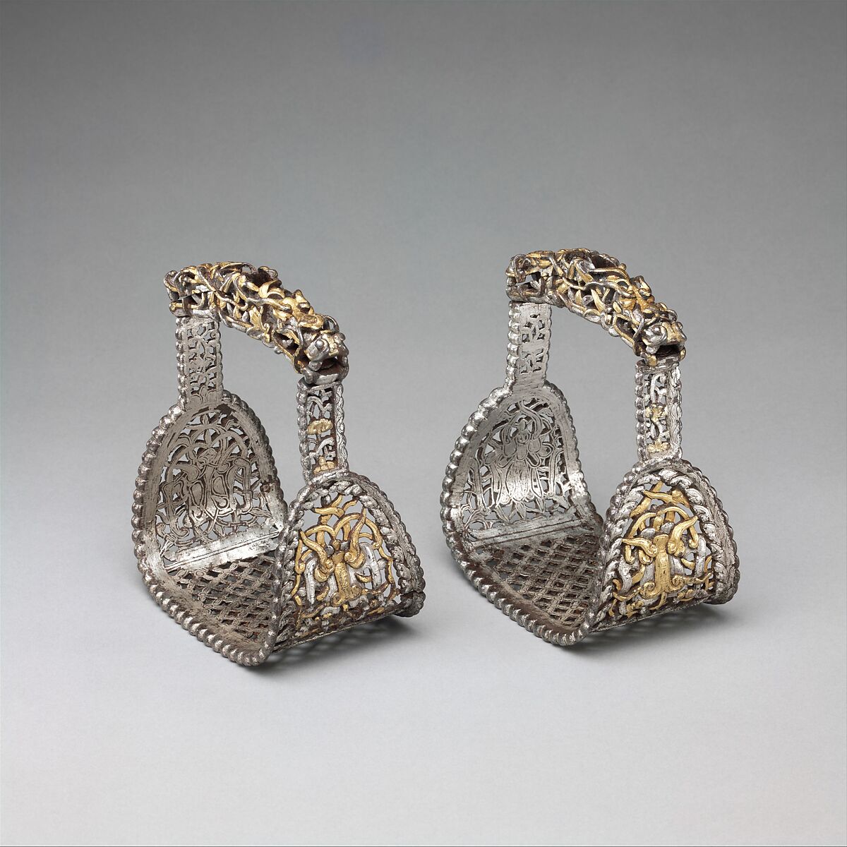 Pair of Stirrups (<i>yob</i>), Iron, gold, silver, Tibetan or Mongolian 