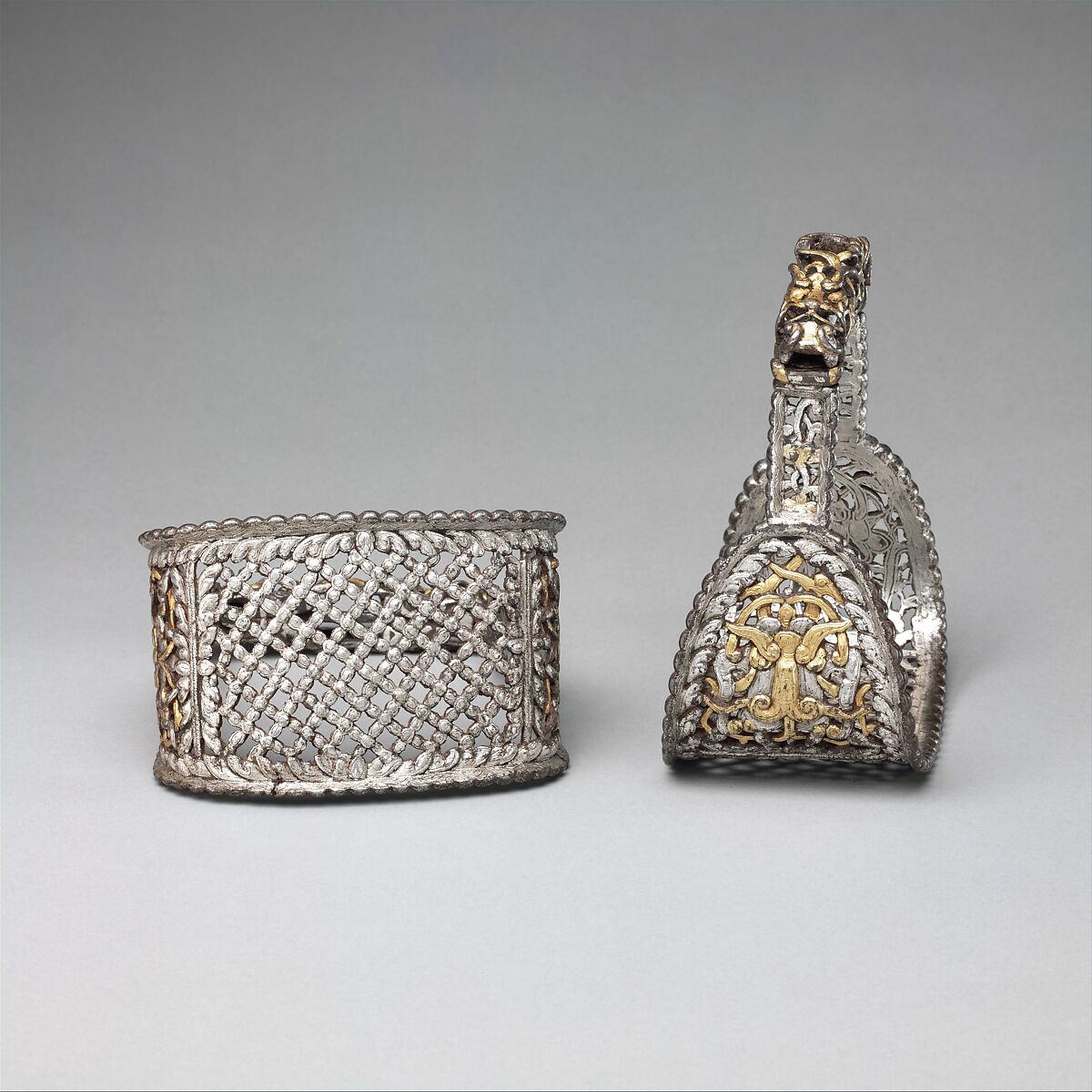 Pair of Stirrups (<i>yob</i>), Iron, gold, silver, Tibetan or Mongolian