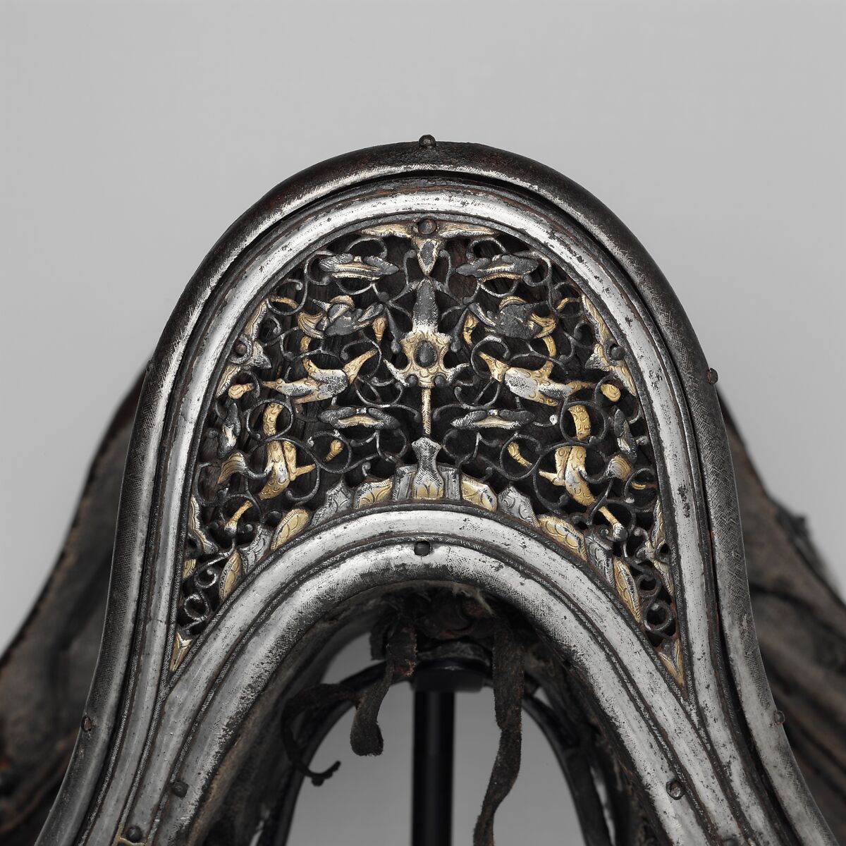 Saddle, Iron, gold, silver, copper, leather, wood, textile, Eastern Tibetan or Chinese