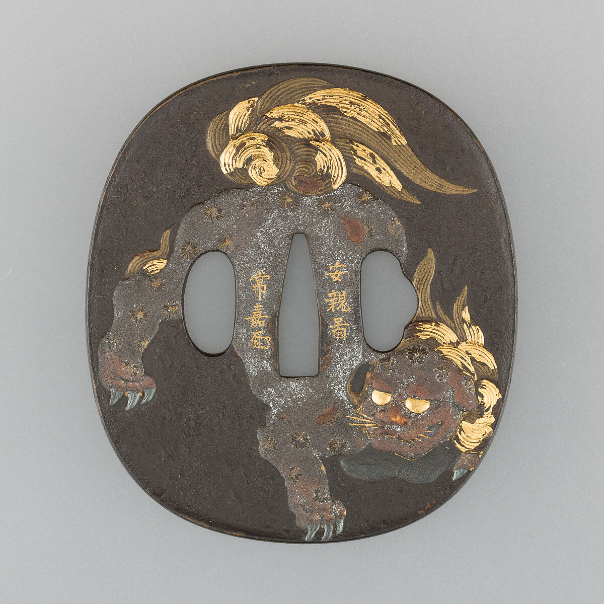 Sword Guard (Tsuba), Inscribed by Joka (Japanese, Tokyo, active late 18th–early 19th century)  , after Yasuchika, Iron, lacquer, gold, Japanese, Tokyo 