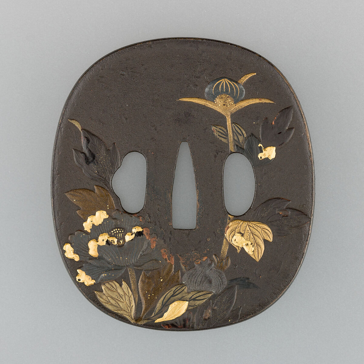 Sword Guard (Tsuba), Inscribed by Joka (Japanese, Tokyo, active late 18th–early 19th century)  , after Yasuchika, Iron, lacquer, gold, Japanese, Tokyo