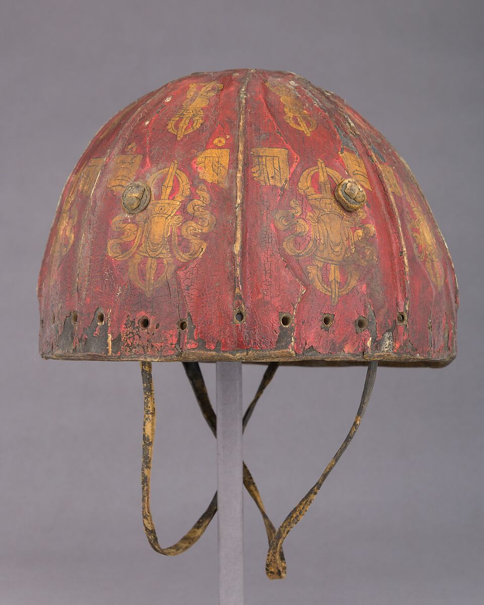 Leather Helmet with Auspicious Symbols, Leather, gold, shellac, pigments, Tibetan