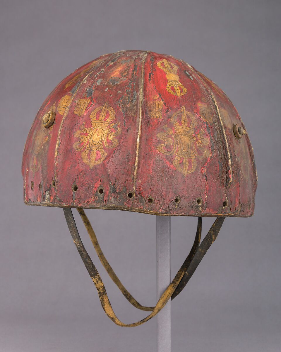 Leather Helmet with Auspicious Symbols, Leather, gold, shellac, pigments, Tibetan