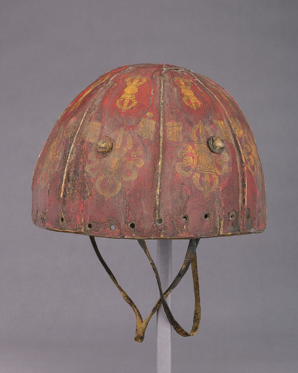 Leather Helmet with Auspicious Symbols, Leather, gold, shellac, pigments, Tibetan