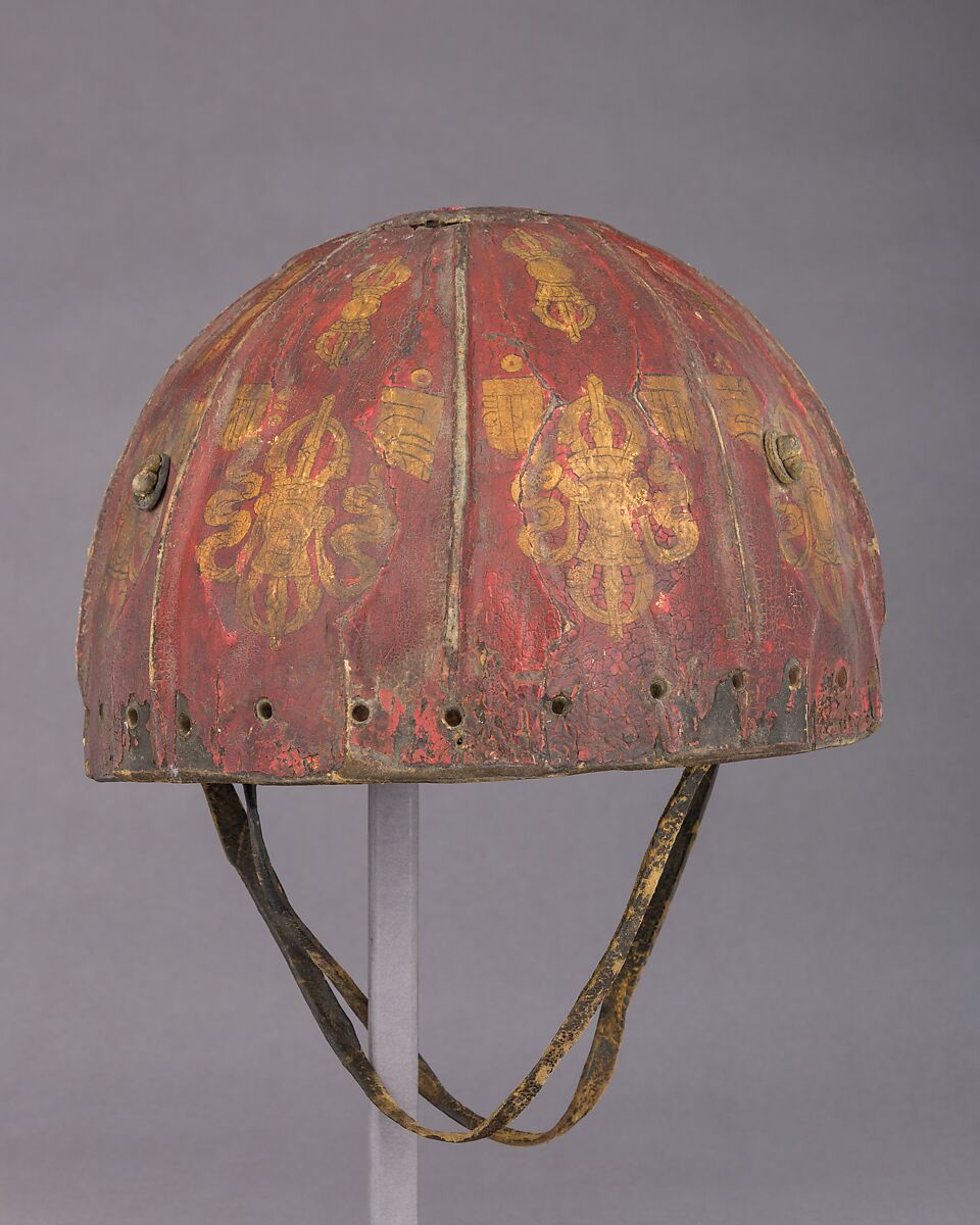 Leather Helmet with Auspicious Symbols, Leather, gold, shellac, pigments, Tibetan