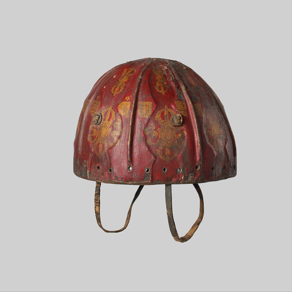 Leather Helmet with Auspicious Symbols, Leather, gold, shellac, pigments, Tibetan 