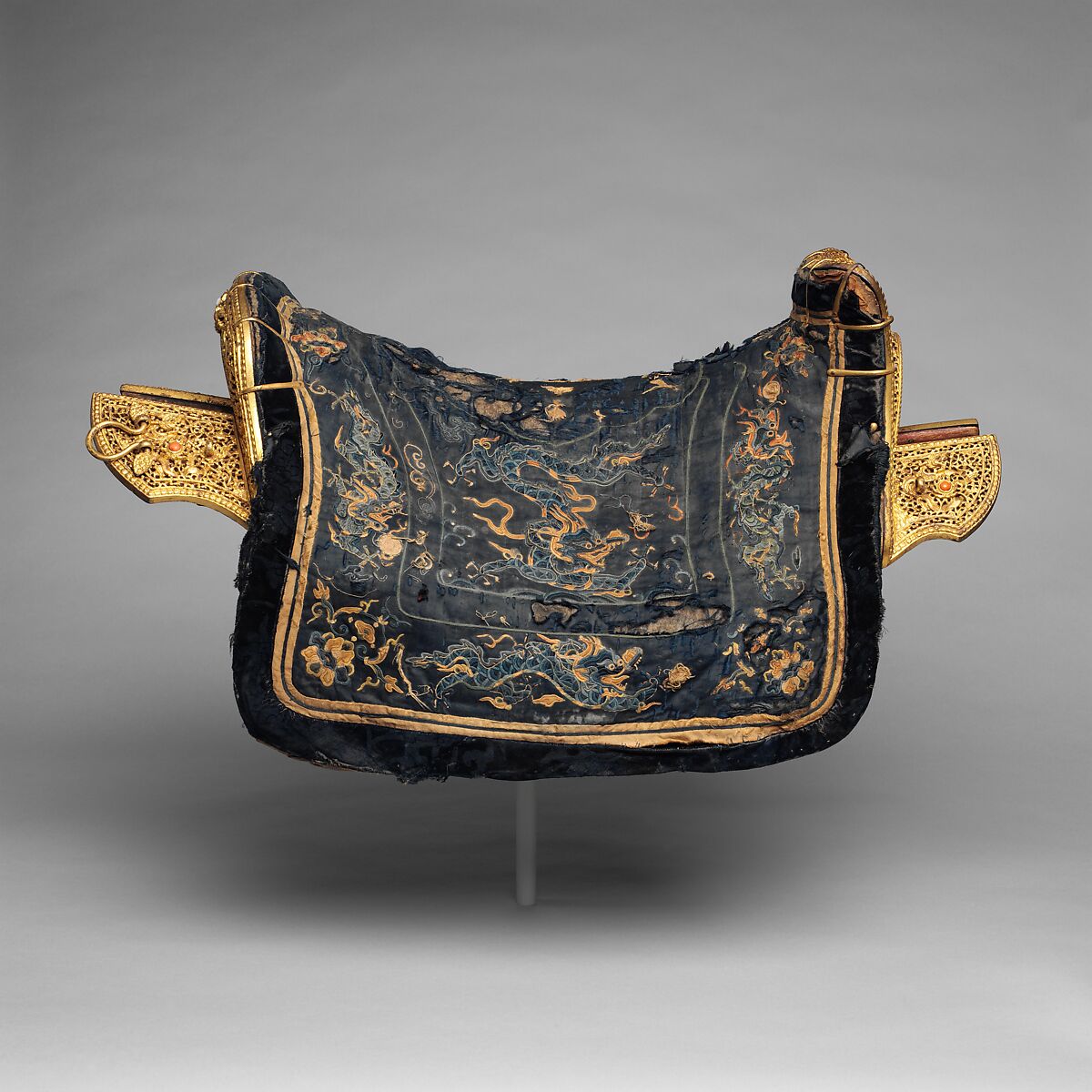 Saddle (清    馬鞍一套), Iron, gold, silver, wood, coral, ivory, silk, hair, tin, pigments, leather, Chinese