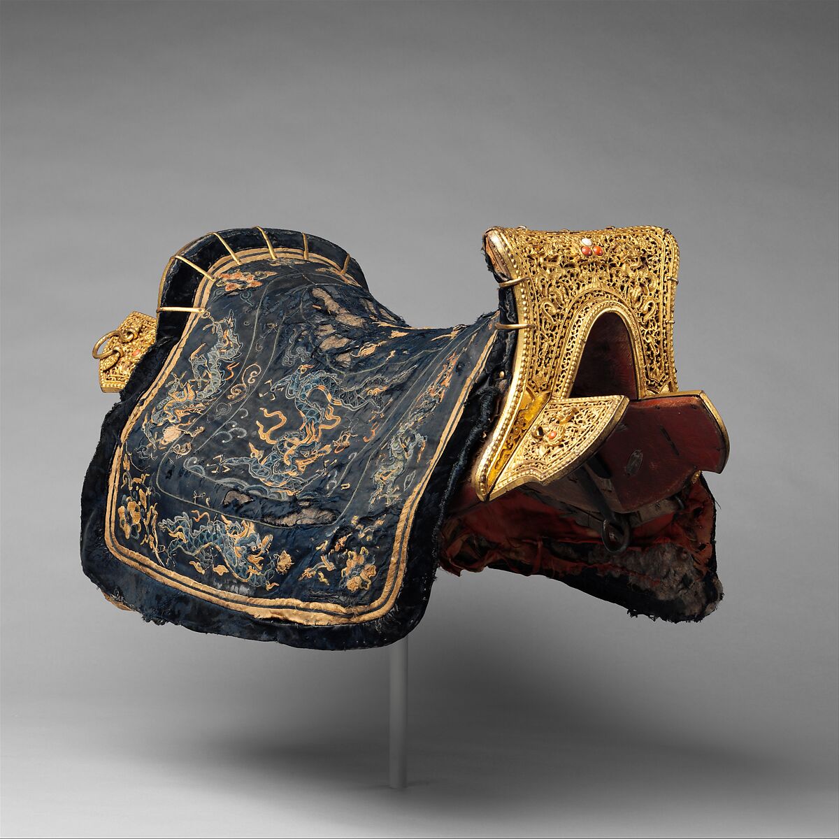 Saddle (清    馬鞍一套), Iron, gold, silver, wood, coral, ivory, silk, hair, tin, pigments, leather, Chinese 