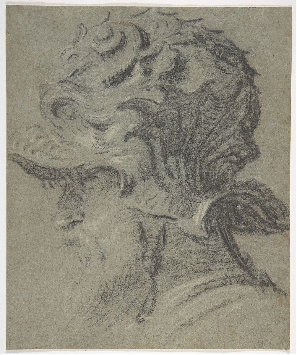Study of a Bearded Man Wearing the Negroli Helmet of Guidobaldo II della Rovere, Duke of Urbino, Charcoal or black chalk, highlighted with white chalk, on blue paper (faded to blue-gray), Italian, Venice 