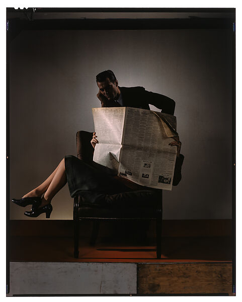 [Woman Reading Newspaper with Man Watching from Behind Chair], George Hoyningen-Huene (American (born Russia), St. Petersburg 1900–1968 Los Angeles, California), Chromogenic Transparency 