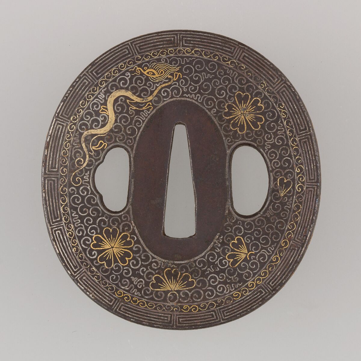 Sword Guard (Tsuba), Iron, gold, silver, copper, Japanese