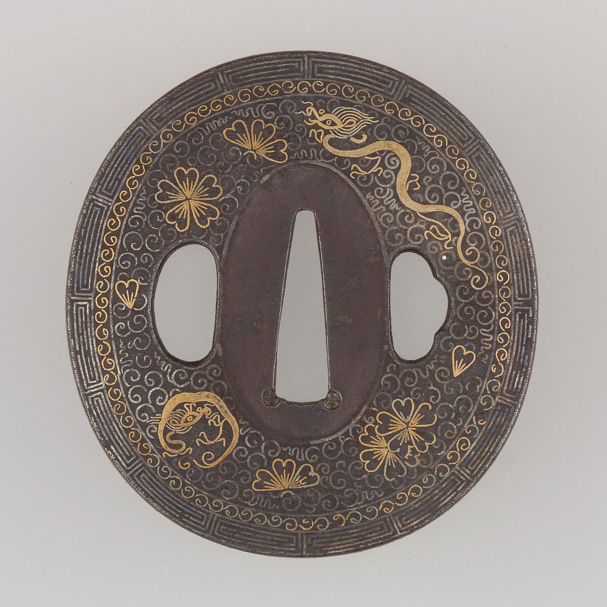 Sword Guard (Tsuba), Iron, gold, silver, copper, Japanese 